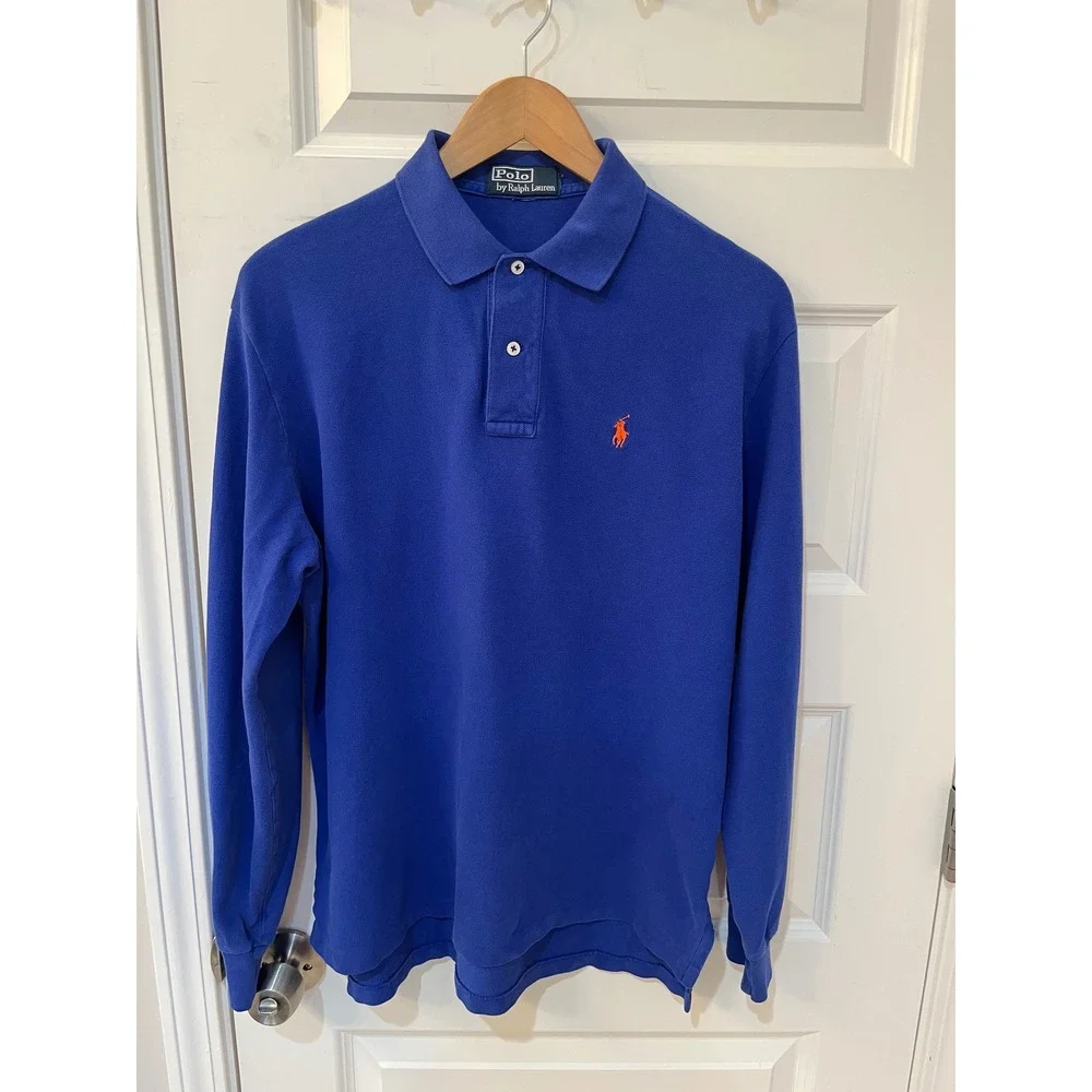 Polo Ralph Lauren Mens Long Sleeve Polo Shirt Blue Orange Pony Pique Knit L